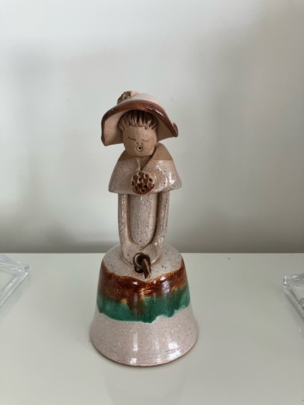 Vintage Adia Pottery Quebecois Bell Figurine with Green and Brown Glaze
